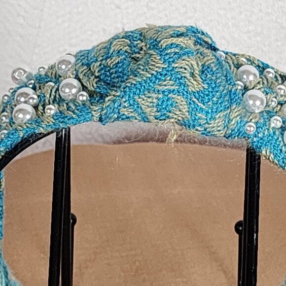 Handmade Poly Turquoise Sweater Material White Faux Pearl Embellished Headband - Picture 2 of 16